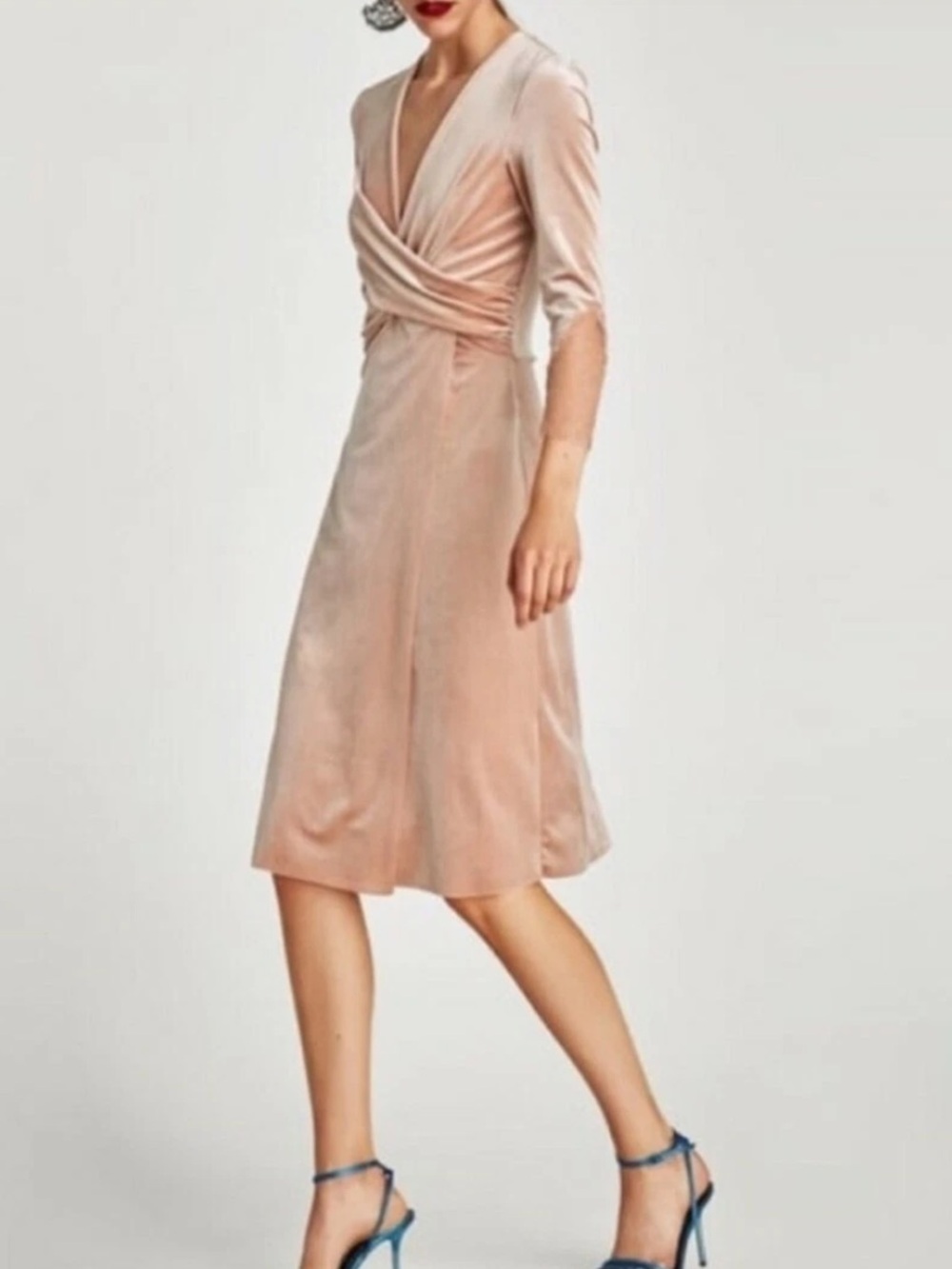 Zara Velvet Twist-Front Lace Sleeve Midi Dress in Blush